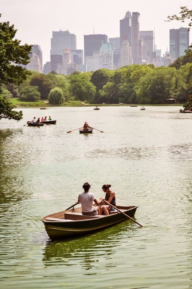 people rowing boats on the lake in central park