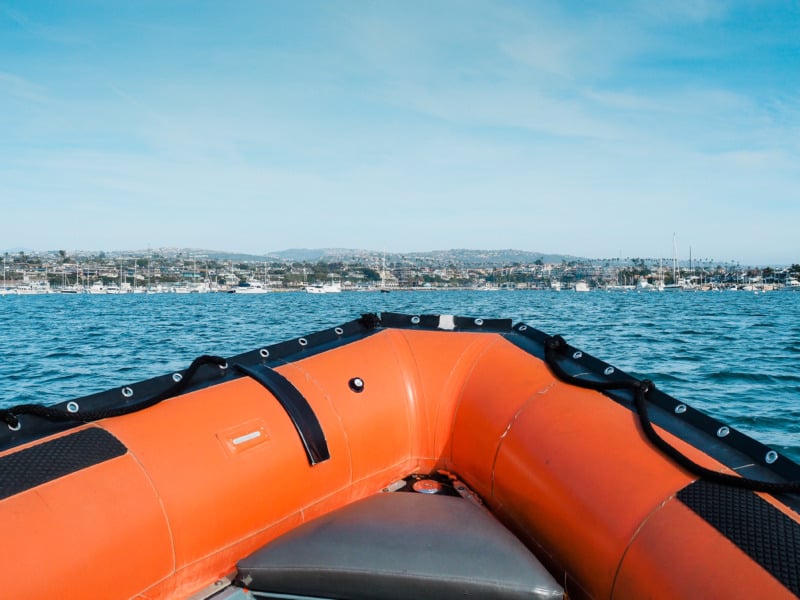 Zodiac boat in the Pacific Ocean for whale watching near Newport Beach, California