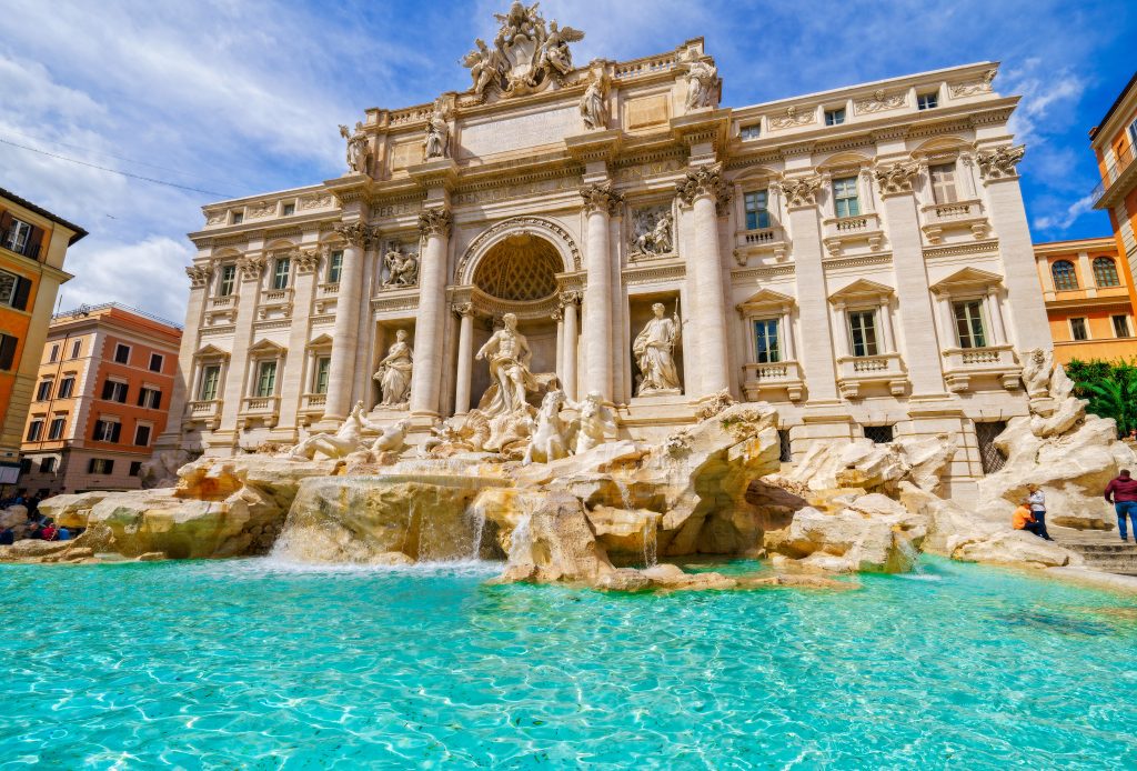 The Trevi Fountain famous Italy Landmark on a clear, sunny day