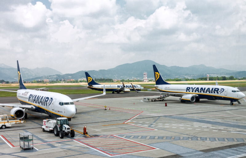 Three Ryanair planes on the ramp at Bergamo