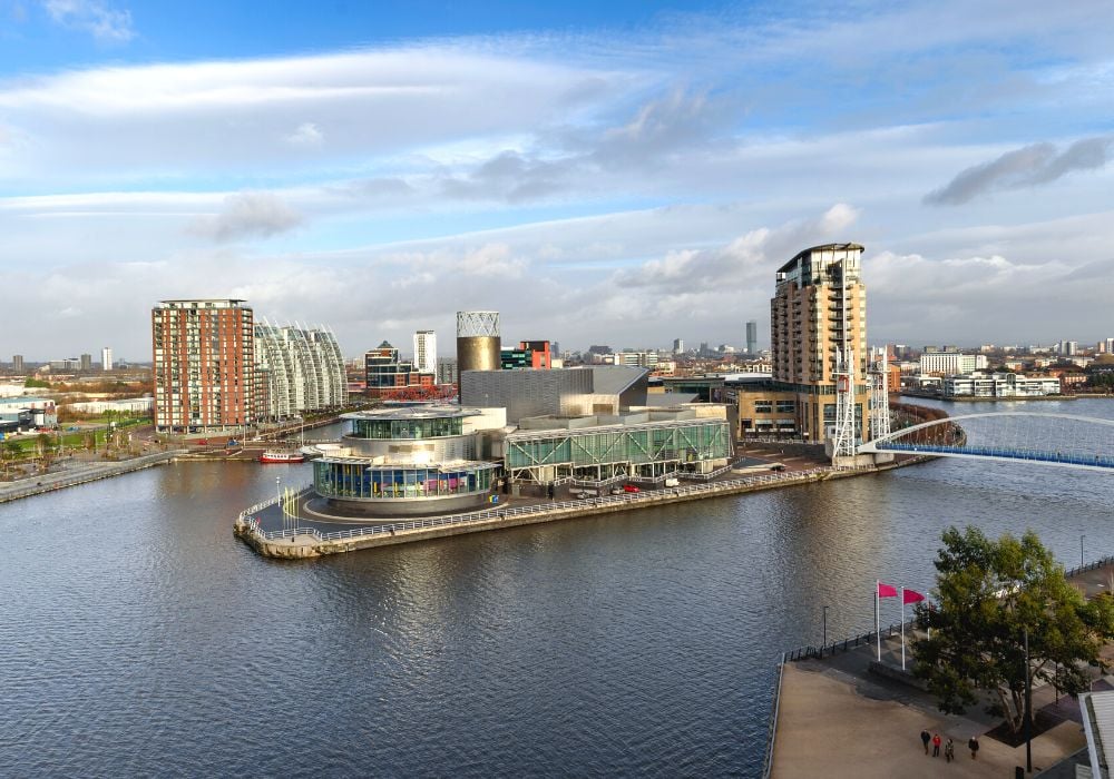 Panoramic aerial view of Salford Quays in Manchester, UK.