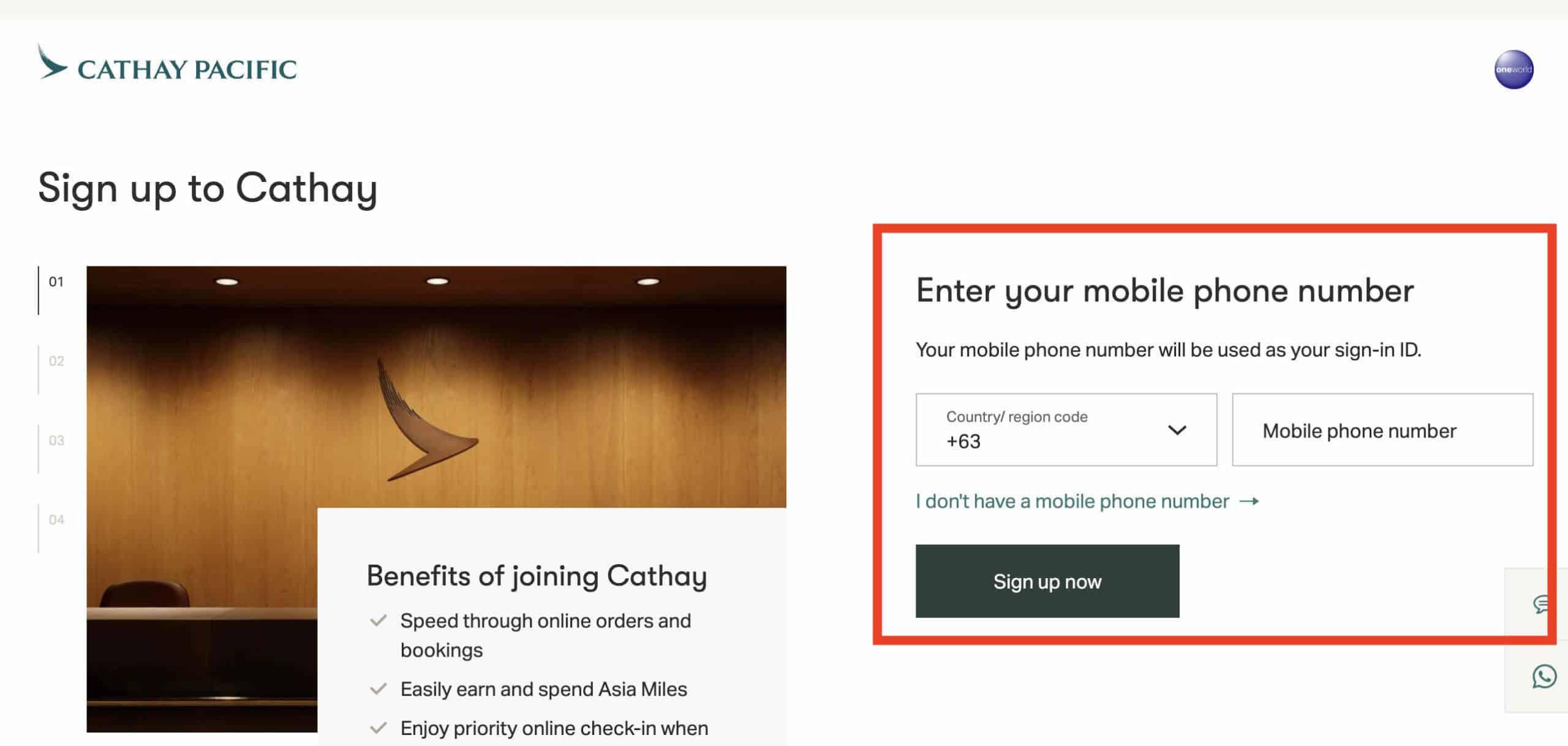 Cathay Pacific Sign Up Page