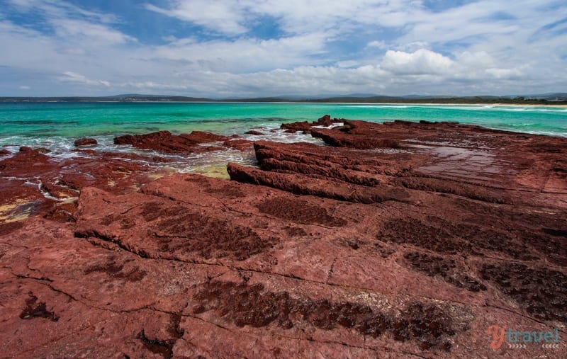 red rocks against green water Merrimbula Beach, NSW, Australia