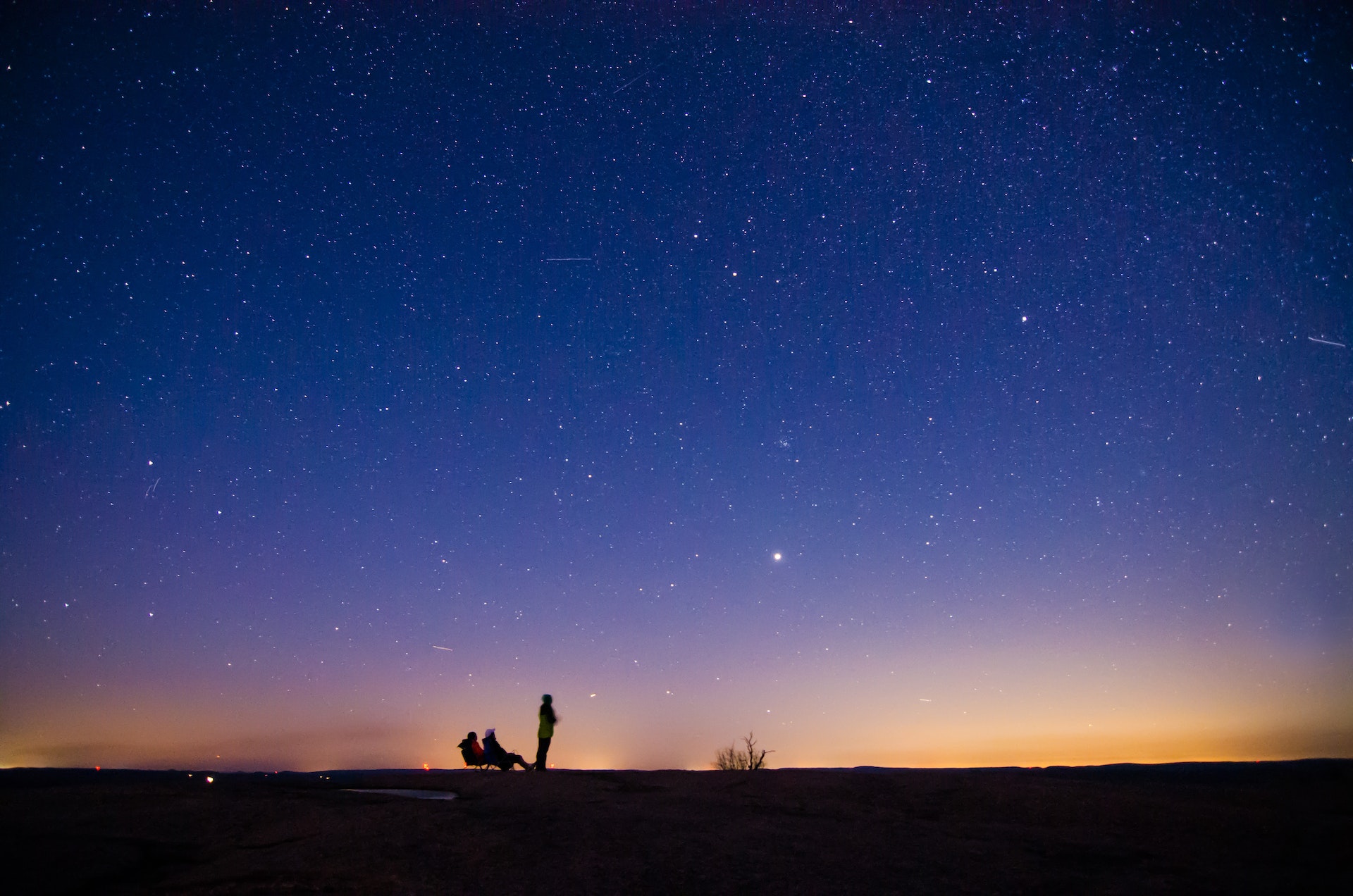 People in silhouette gaze at a sky filled with stars