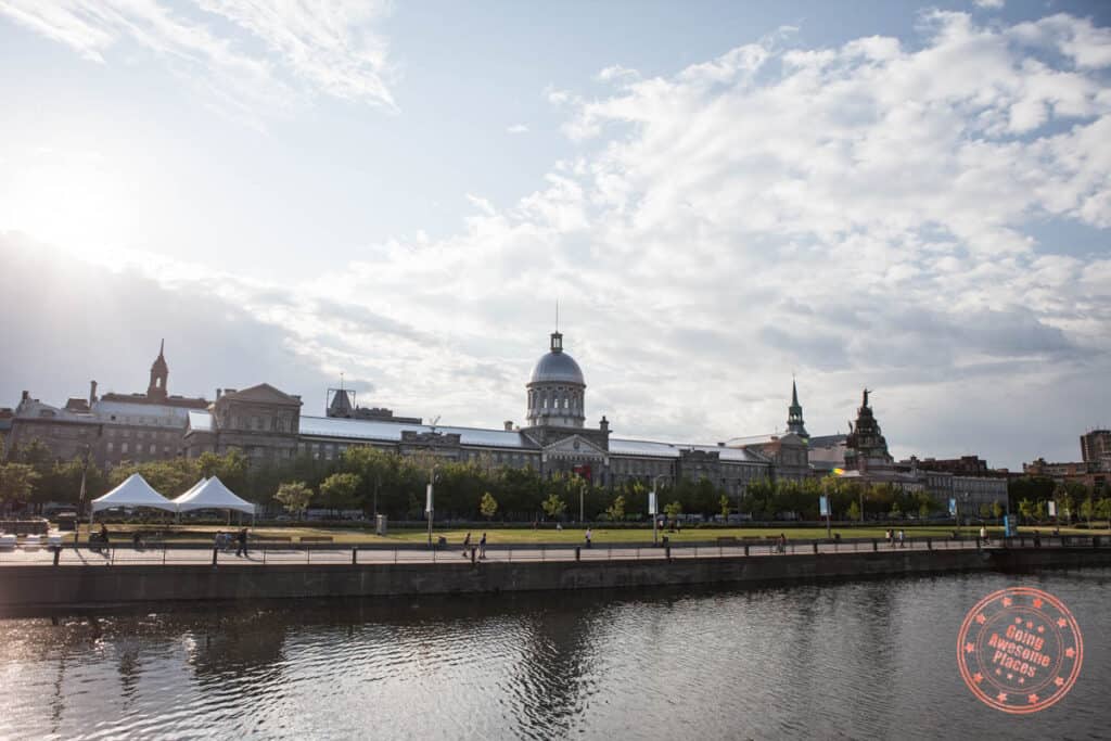 Montreal weekend trip front entrance view of Bonsecours Market from St Lawrence River