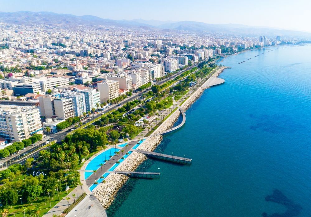 An aerial view of Molos Promenade park on the coast of Limassol city centre in Cyprus.