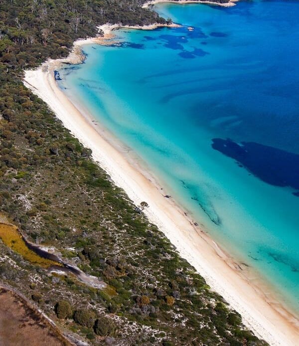 aerial view of the brilliant blue waters and white sand of Hazards Beach in Tasmania, Australia