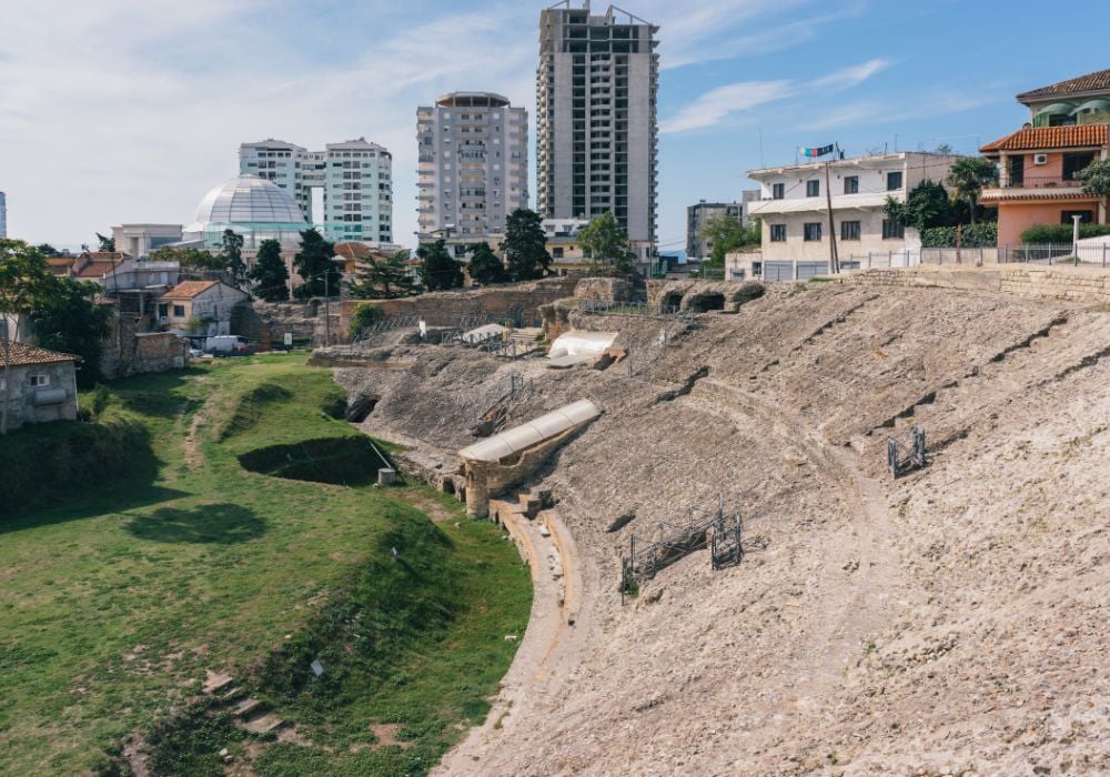 Ruins of the Roman Amphitheatre in the centre of Durres, Albania.