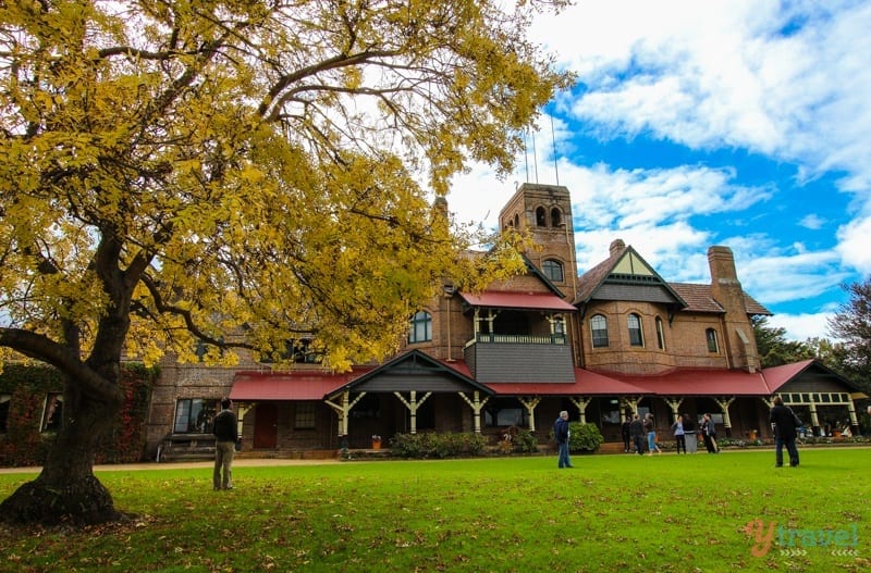 exterior of booloominbah mansion with yellow leafed tree out front