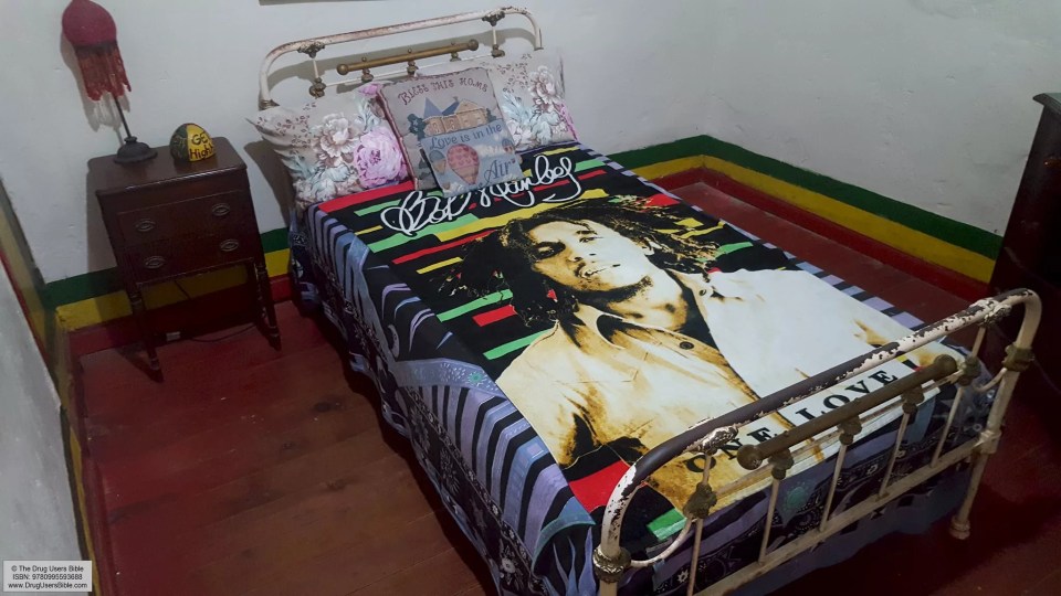 Bob Marley's bed on display at the mausoleum, Nine Mile, Jamaica