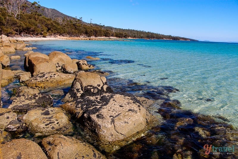 A rocky beach next to a body of water