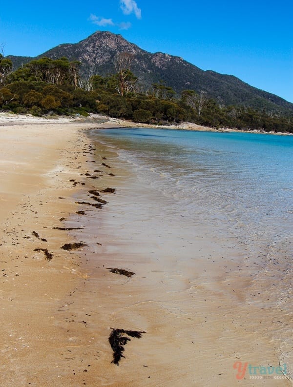 water lapping to shore with views of hazards mountain background