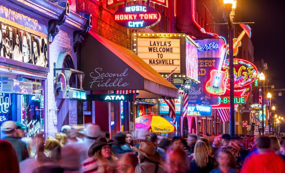 Neon signs on Lower Broadway Area in Nashville, USA