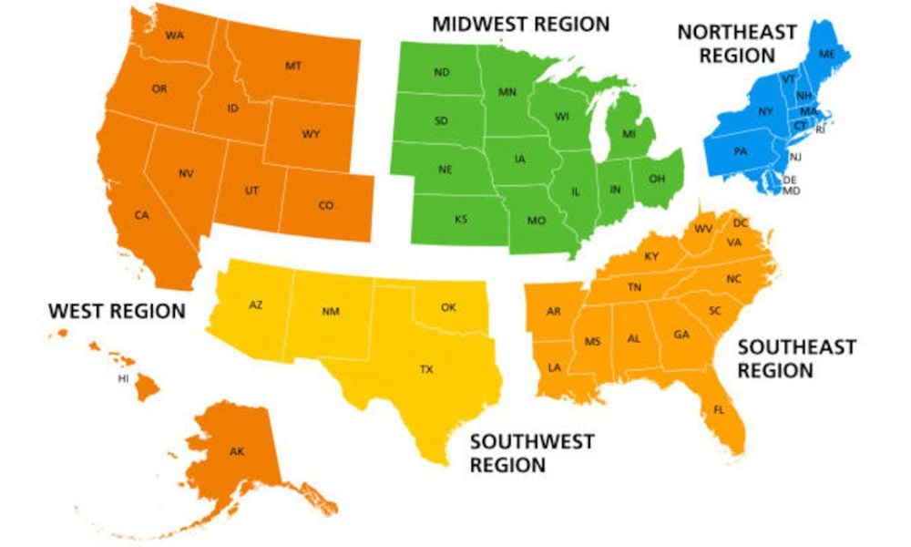 USA Map Showing Regions