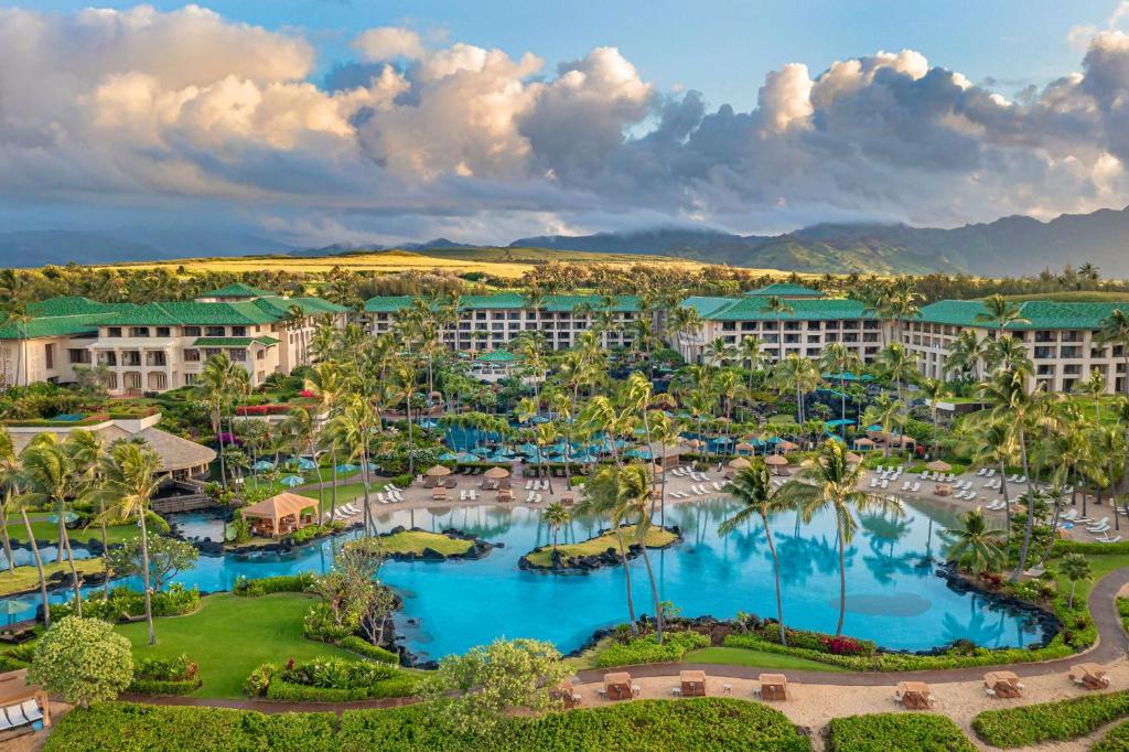 Aerial view of the resort and lagoon pools at the Grand Hyatt Kauai