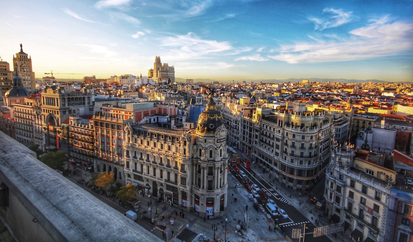 The historic skyline of Madrid, Spain at sunset