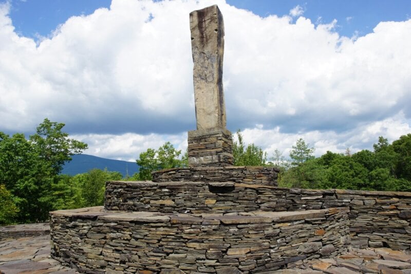 View of the monolith at the Opus 40 sculpture park