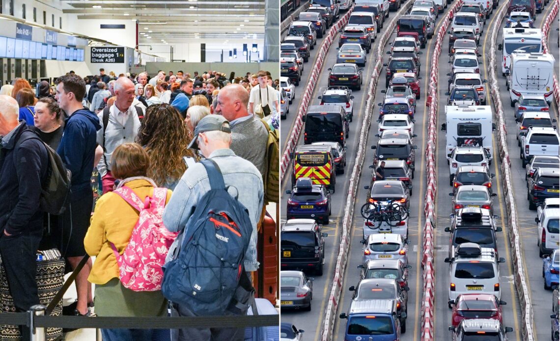 <p>Queues at Manchester Airport and for ferries at the Port of Dover</p>
