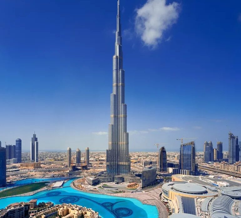 A skyline of Downtown Dubai with the Burj Khalifa and Dubai Mall