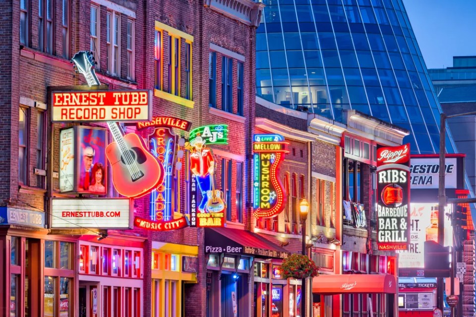 Honky-tonks on Lower Broadway. The district is famous for the numerous country music entertainment establishments.