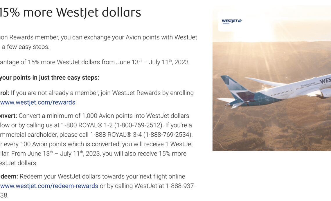 15% Transfer Bonus from RBC Avion to WestJet Dollars