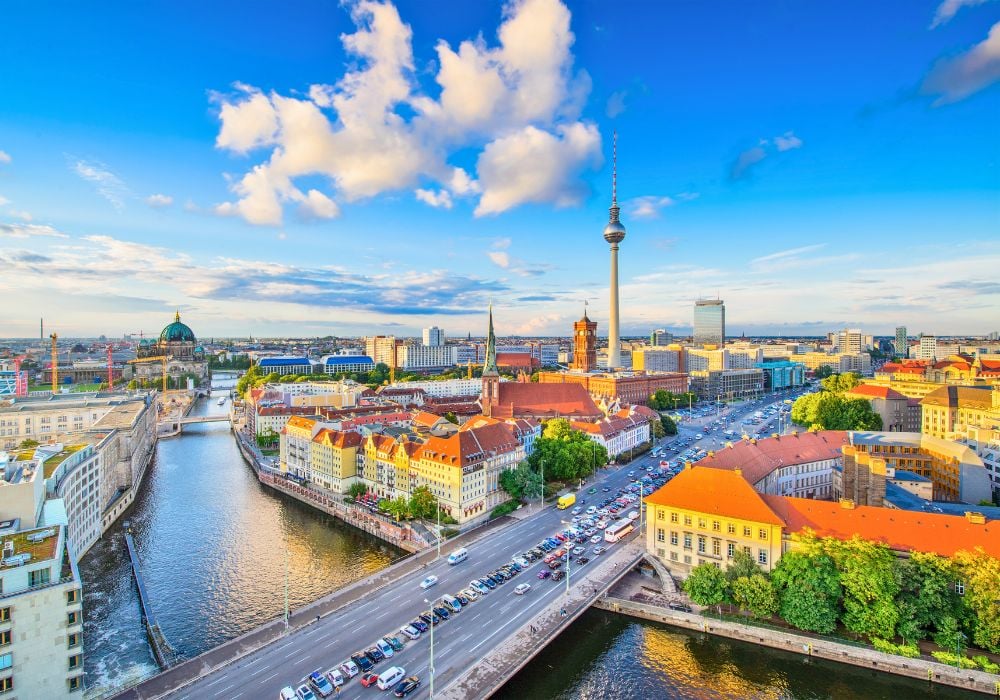 Berlin, Germany viewed from above the Spree River.