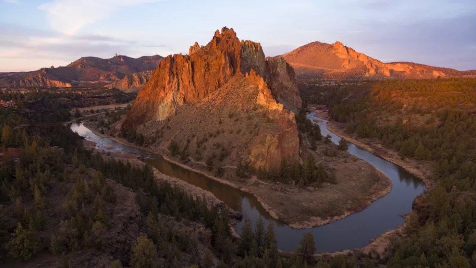 Aerial view at sunset of Smith Rock in central Oregon and the Crooked River