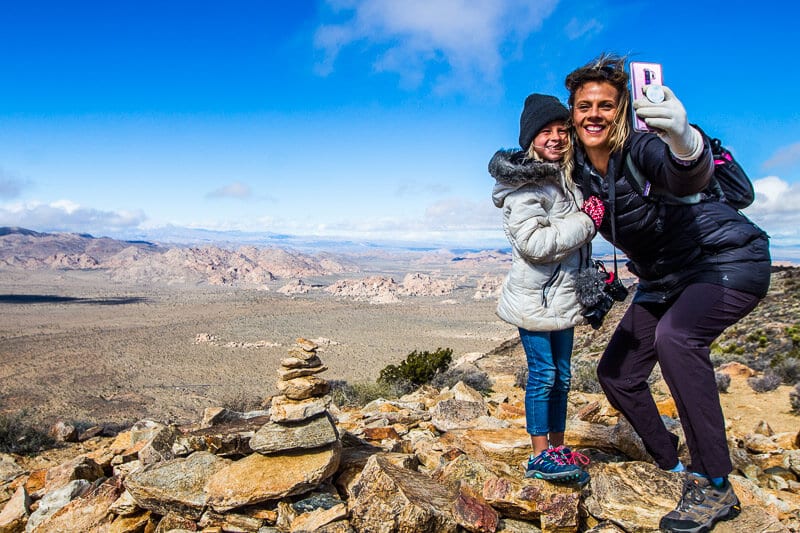 caz and savannah taking selfies on Ryan Mountain Trail, Joshua Tree National Park