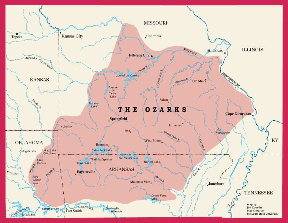 map of the ozarks region including arkansas and missouri