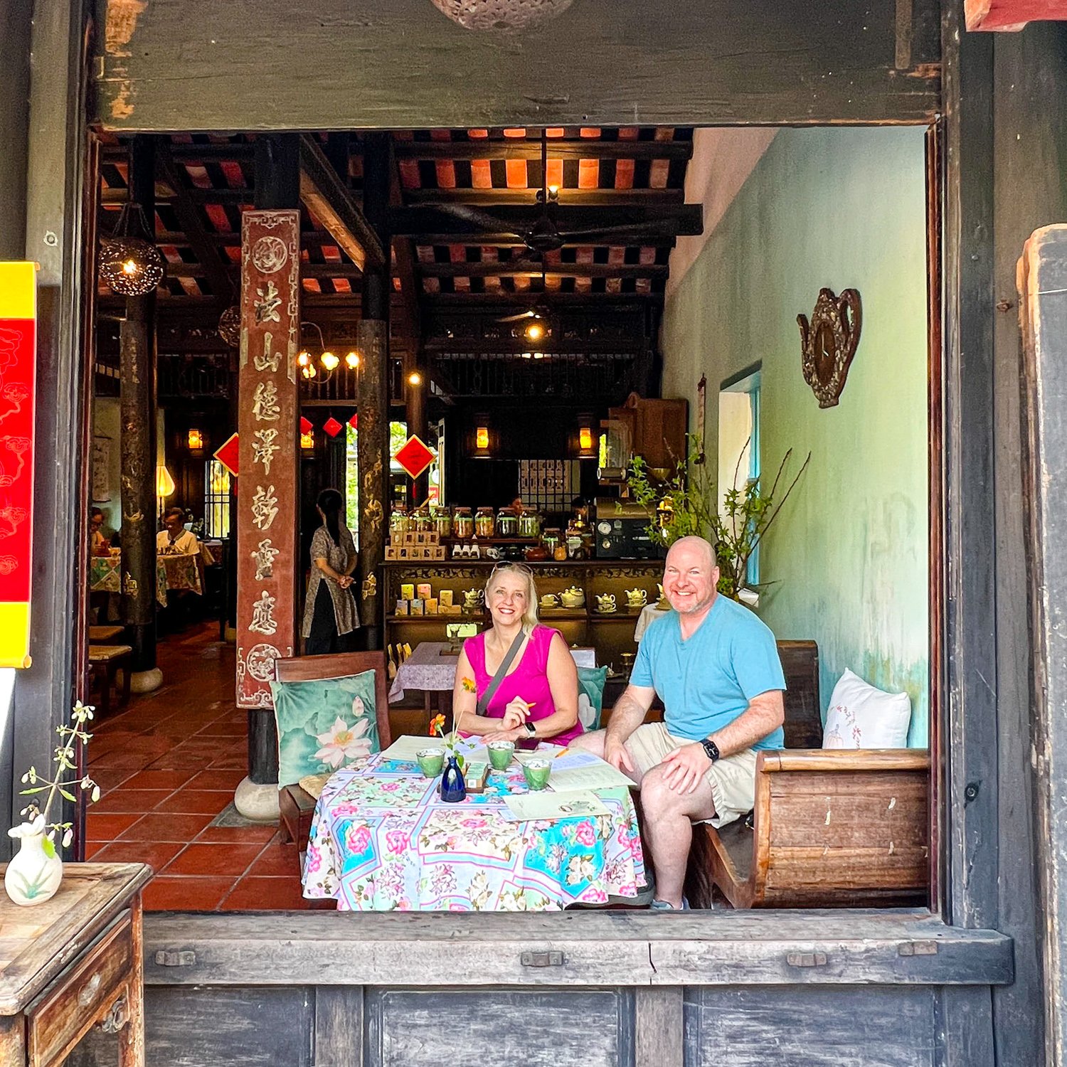 Dave and his friend Laura at the Reaching Out Teahouse in Hoi An