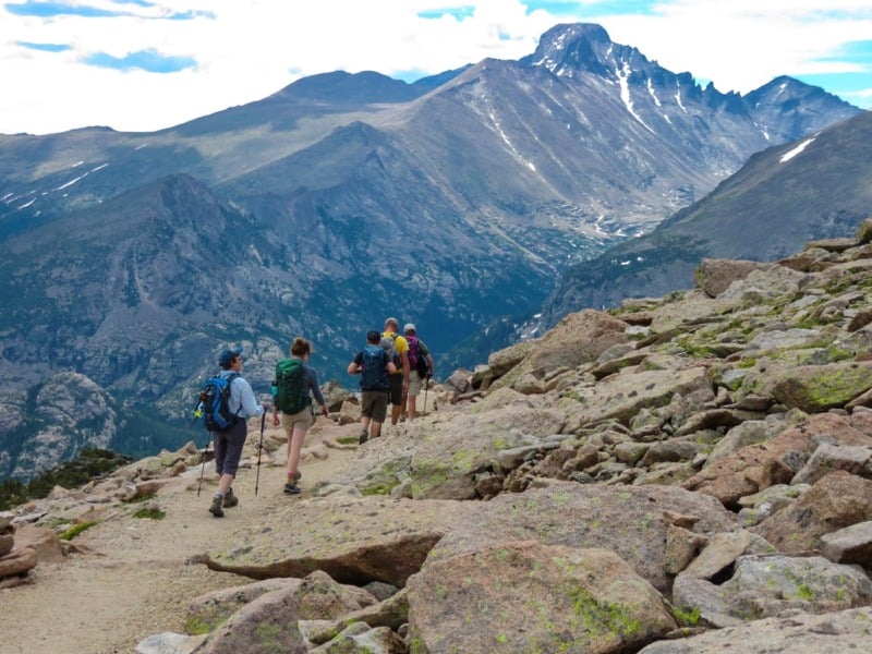 Hikers on a ridge at Rocky Mountain National Park in Colorado
