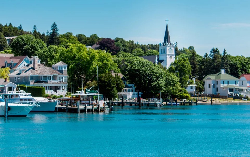 Sainte Anne's church by the harbor of Mackinac Island