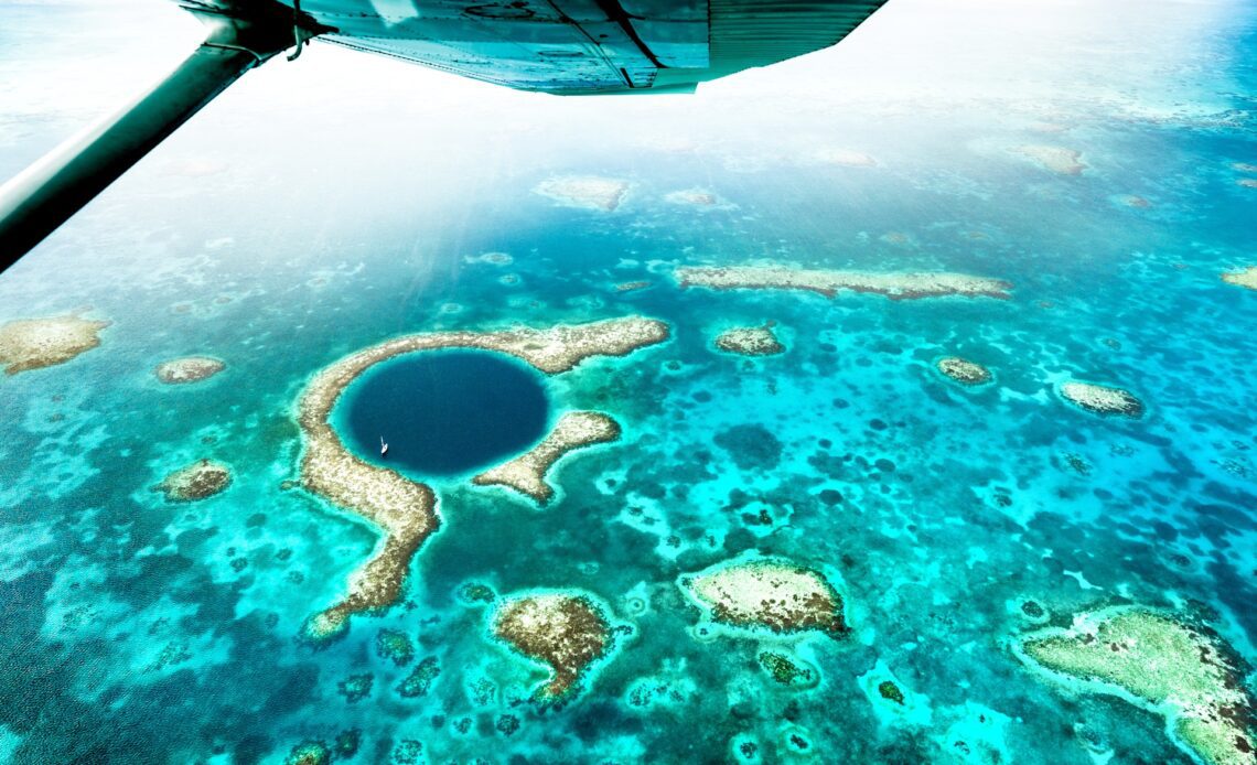 Aerial panoramic view of the Great Blue Hole, Belize