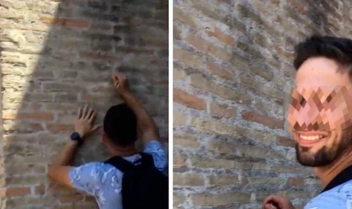 Tourist who carved name into Colosseum is British fitness trainer who could face up to five years in prison