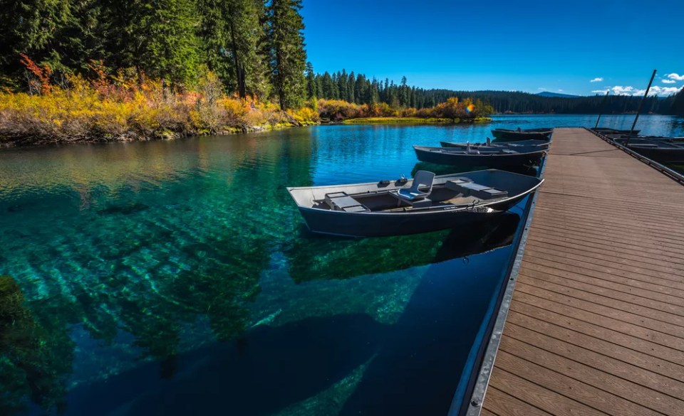 Row Boats tied to a deck Clear Lake Oregon