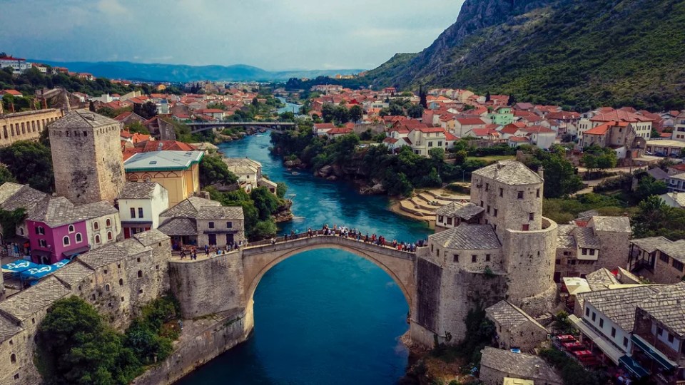 Aerial View to the Old Bridge in the heart of the Old City of Mostar