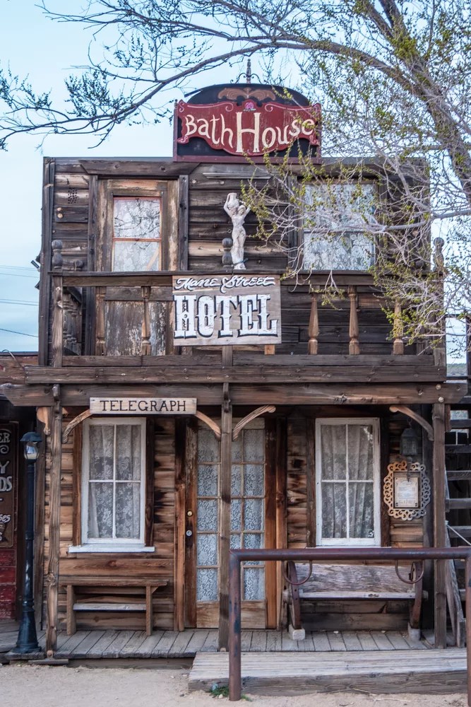 Historic wooden buildings at at Pioneertown in California in the evening 