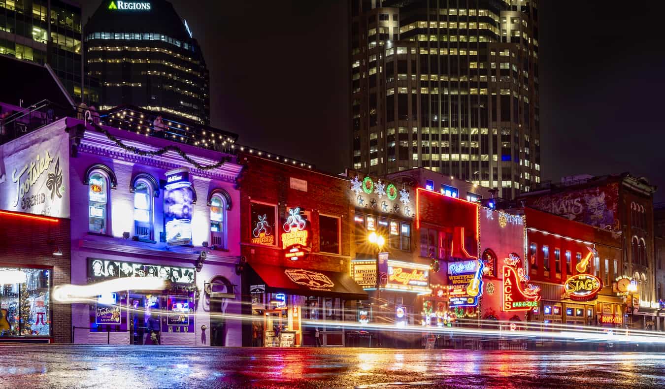 The bright lights of Honky Tony Row in downtown Nashville