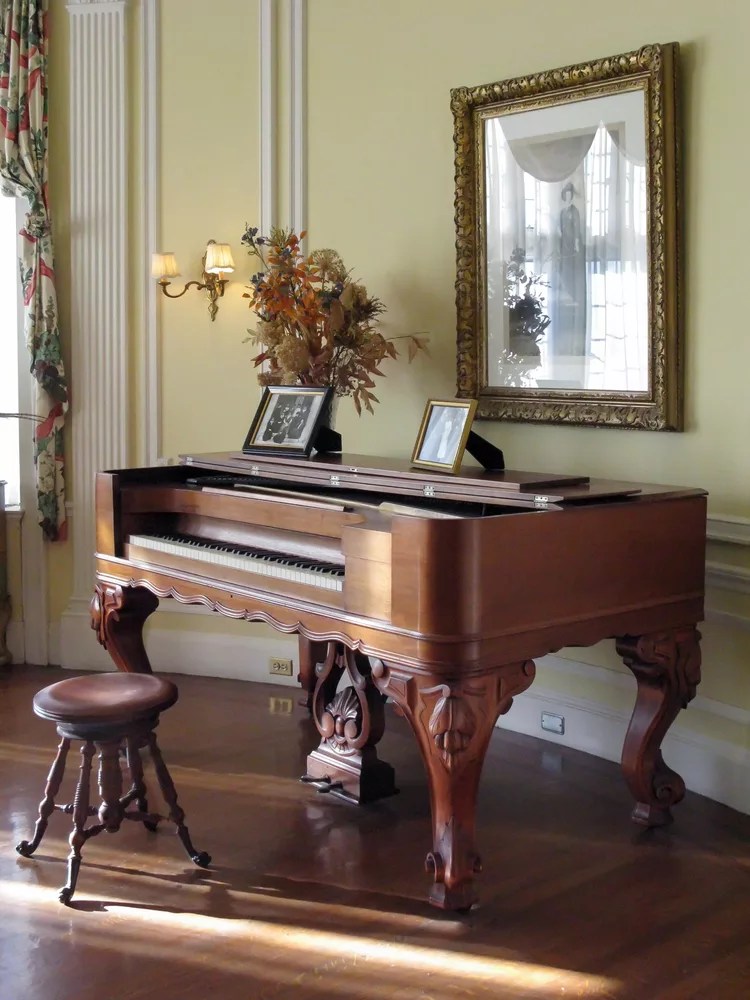 Square piano in Round Room of Casa Loma castle in Toronto, Ontario, Canada