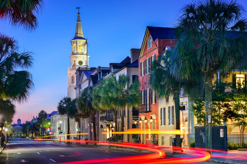 trailing lights at night on street in charleston