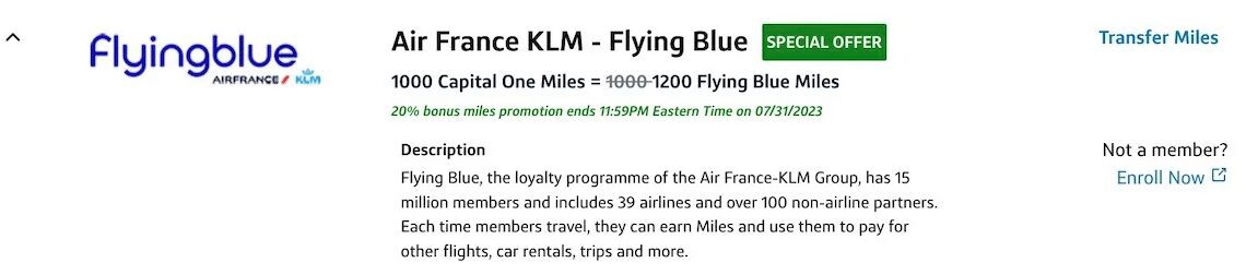 20% Transfer Bonus from Capital One Miles to Air France/KLM Flying Blue