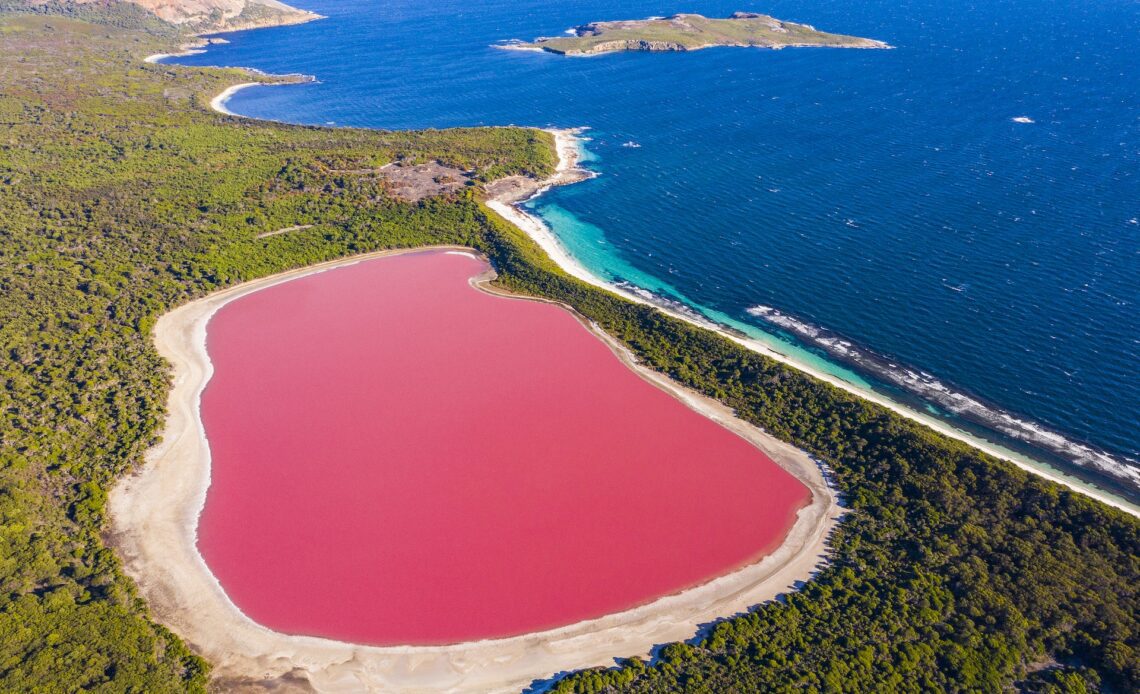 An aerial view of Lake Hillier, Middle Island, Western Australia, Australia