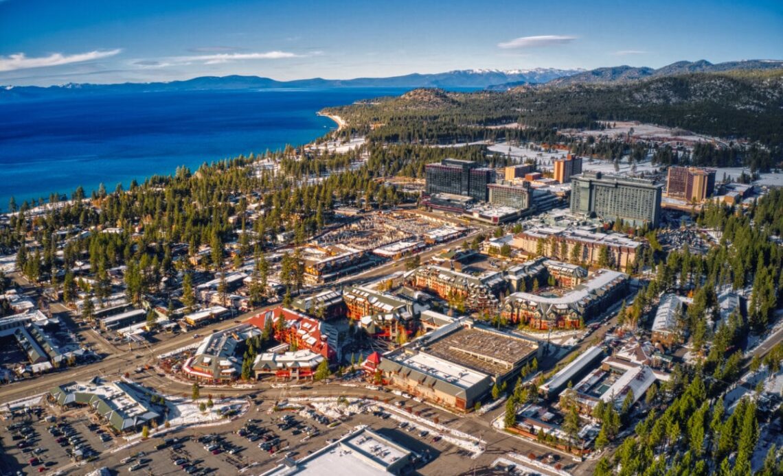 Aerial View of South Lake Tahoe which is on the California Nevada Stateline