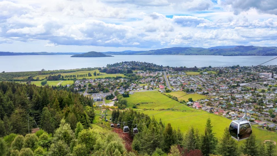 Panoramic view of Rotorua and Skyline gondolas, New Zealand