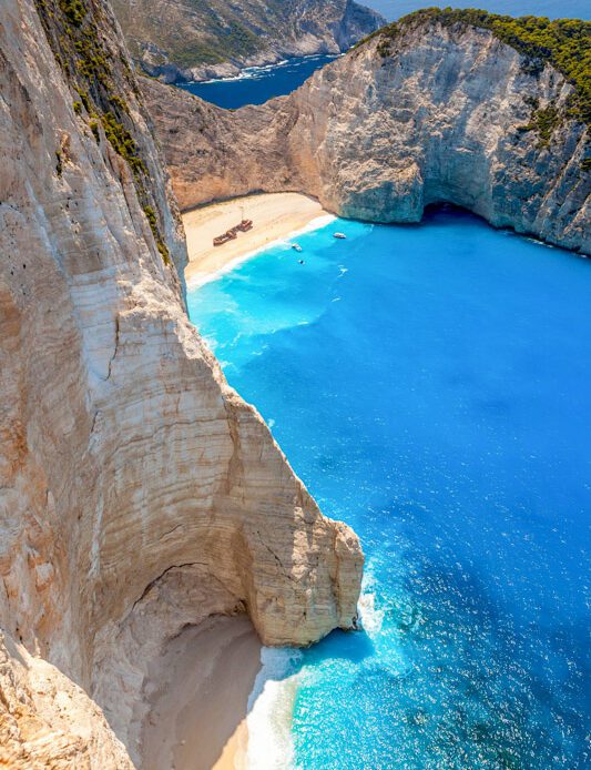 aerial view over crystal clear blue water beach on Zakynthos island