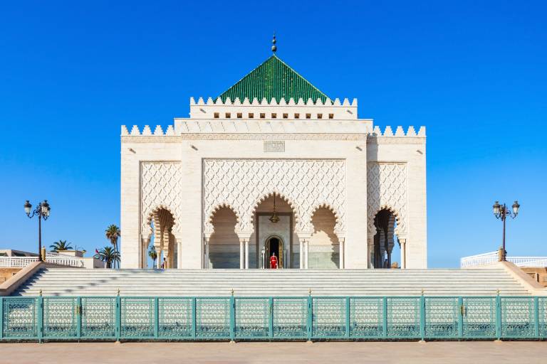 The Mausoleum of Mohammed V is a historical building located on the opposite side of the Hassan Tower on the Yacoub al-Mansour esplanade in Rabat, Morocco