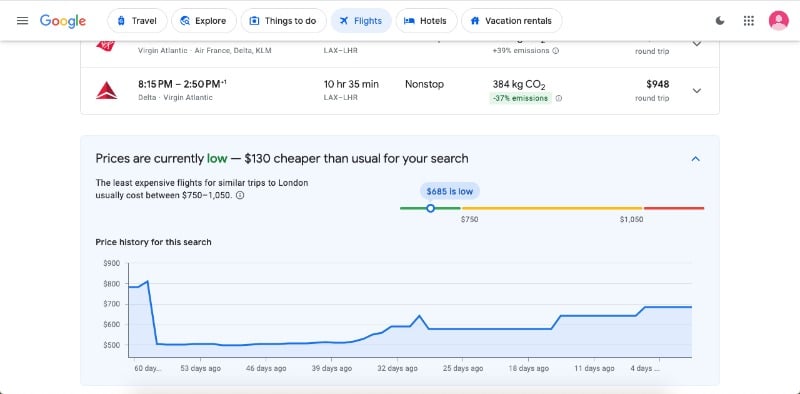 Price history in Google Flights