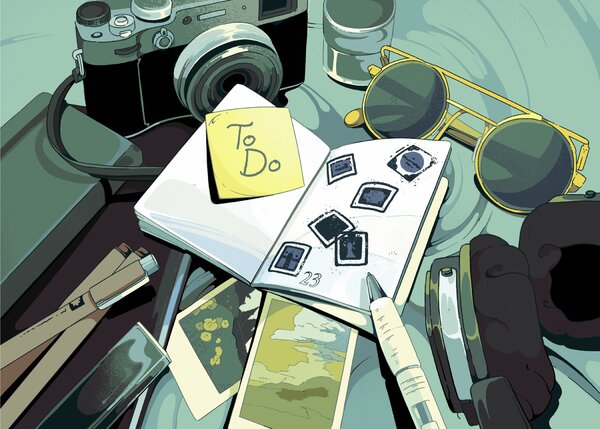 An illustration of travel-related items on a greenish blue background. The items include a film camera, gold-rimmed sunglasses, headphones, Polaroid-style photographs, a pen and an open notebook with stamps on the right-hand page and a sticky note that reads “To Do” on the left page.