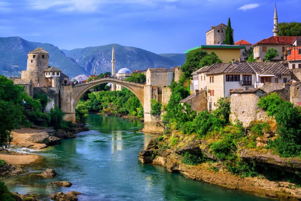 Old town of Mostar, Bosnia and Herzegovina, with Stari Most bridge, Neretva river and old mosques