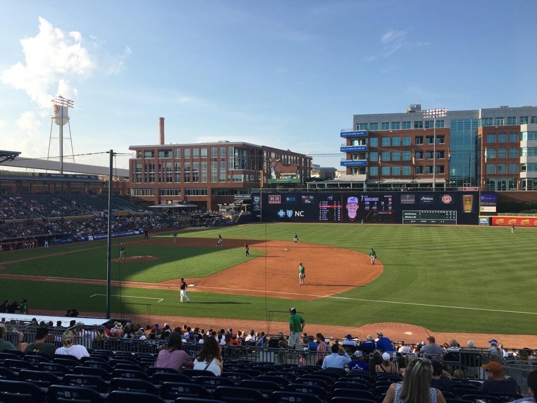 The Durham Bulls baseball stadium, watching a game

